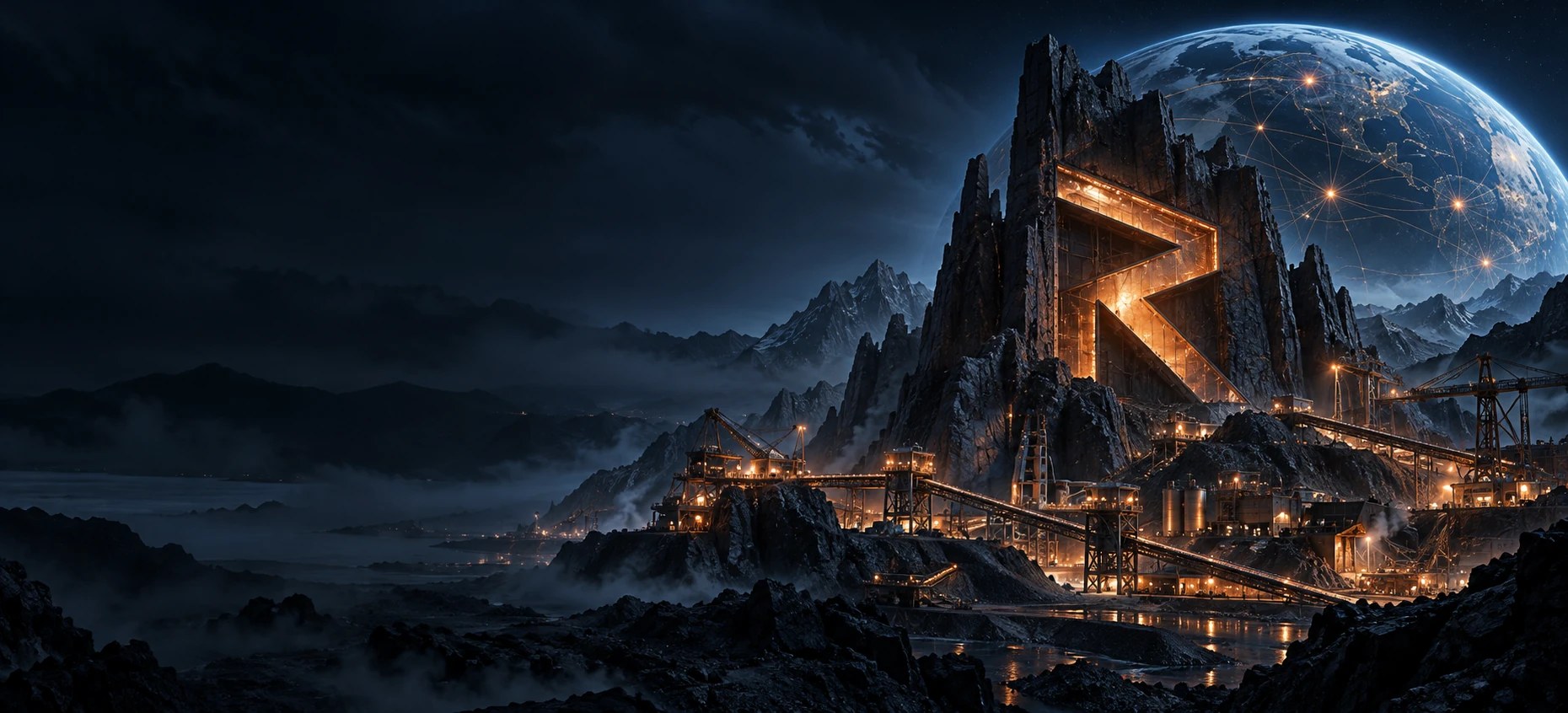 Glowing ReforgePool R monument in a nighttime industrial mining landscape